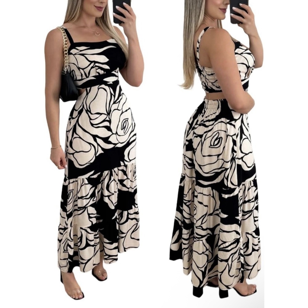 Summer Black &‎ White Floral Cutout Back Boho Maxi Dress Size Medium New